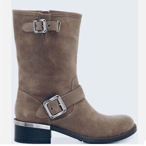 VINCE CAMUTO “WHYLA” Tan 
 Suede Mid-Calf Buckle Mid-Calf Block Heel Moto Boots